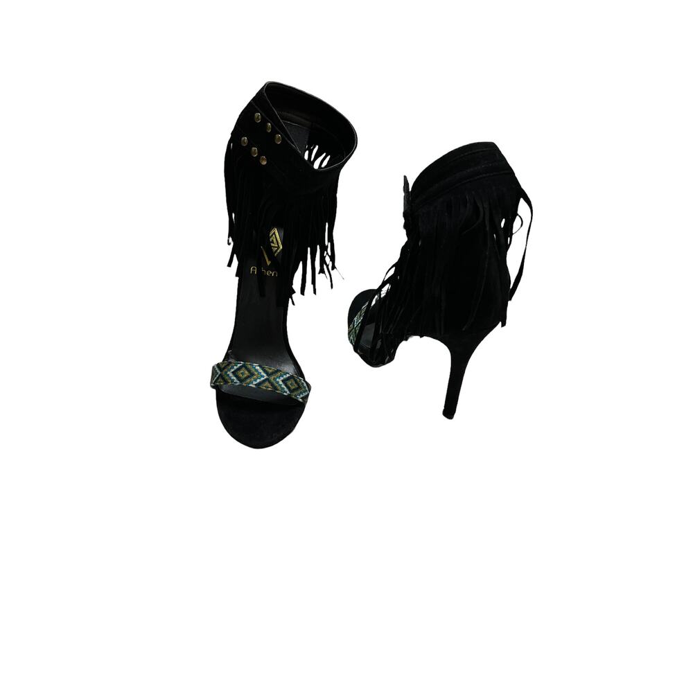 athena women black fringe ankle straps stiletto heels sandals sz 7